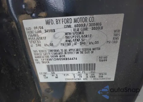 2005 Ford F-150 Xlt from USA, damaged, VIN 1FTRW12W05KB54474